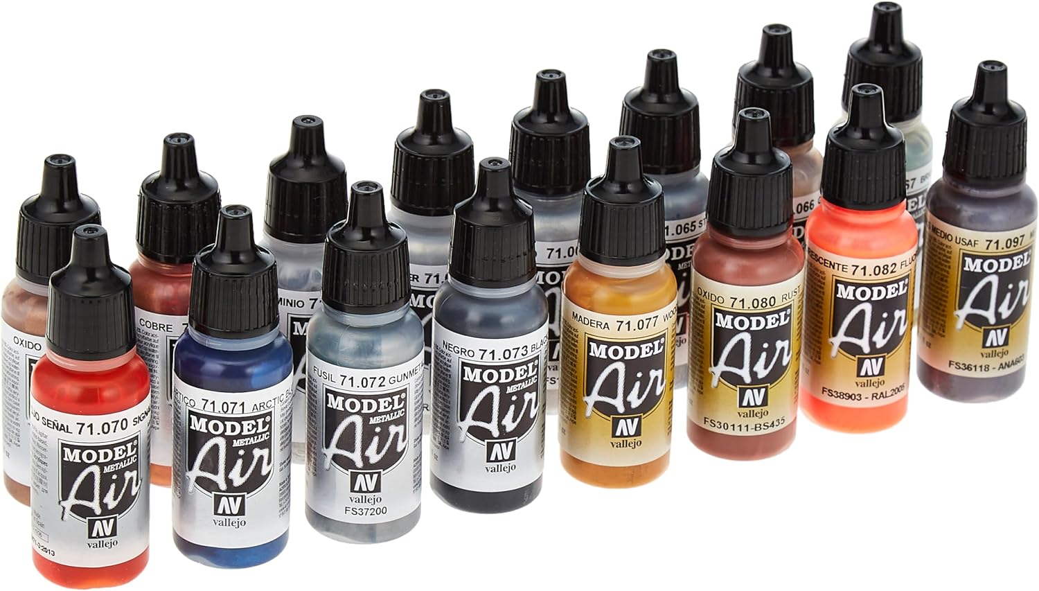 Acrylicos Vallejo Metallic Colors Model Air Paint Set, 1/2 Fl. Oz. Bottles,  8 Colors 