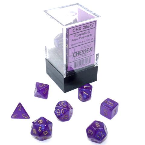 Chessex - Mini Borealis Polyhedral 7 Die Set - Luminary Royal Purple & Gold