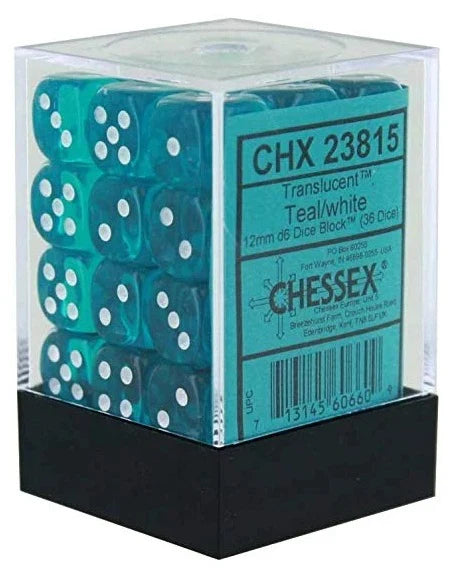 Chessex - Translucent 12mm D6 Dice Block - Teal with White